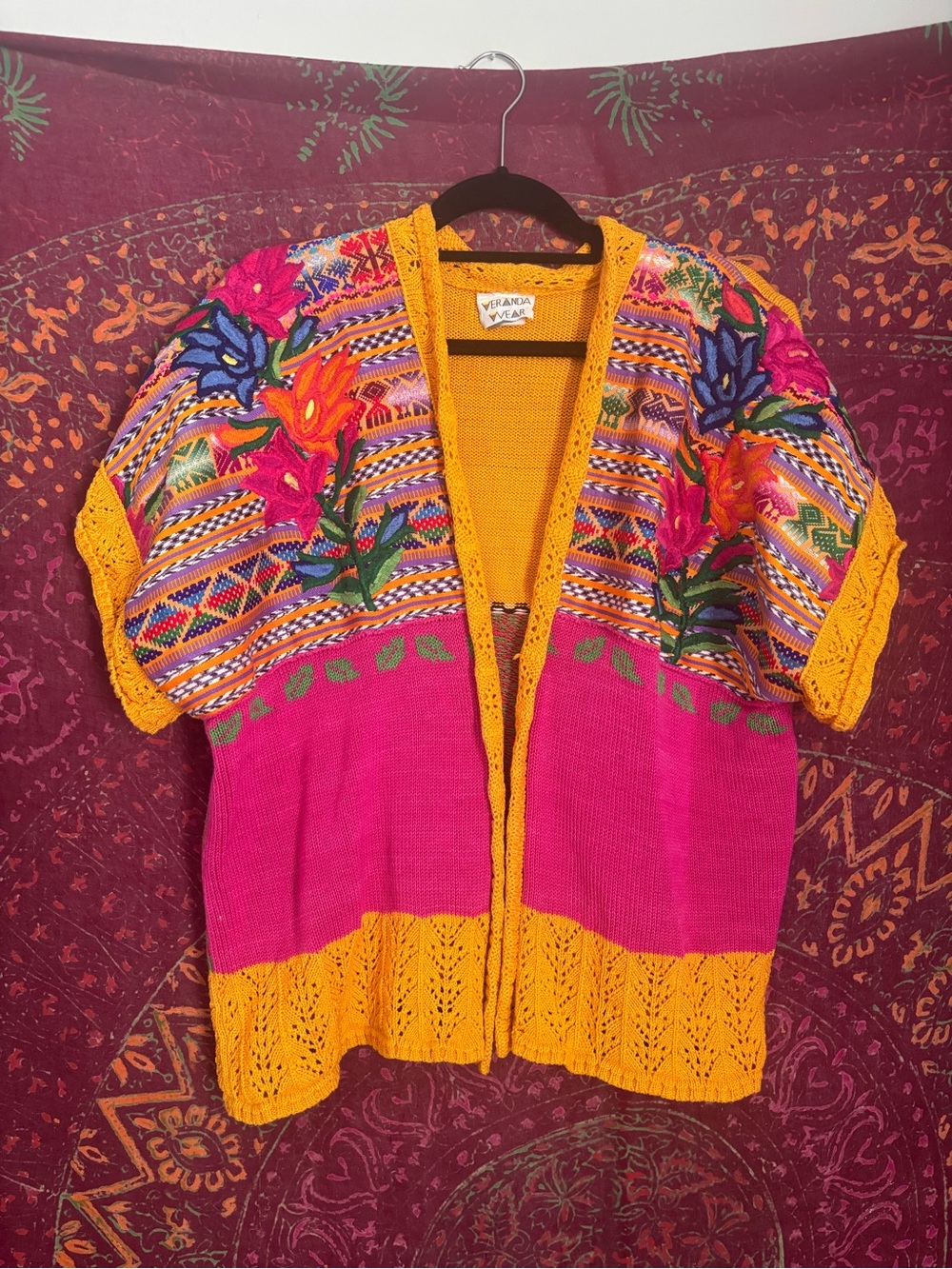Vibrant Pink & Mustard Embroidered Open Knit Cardigan